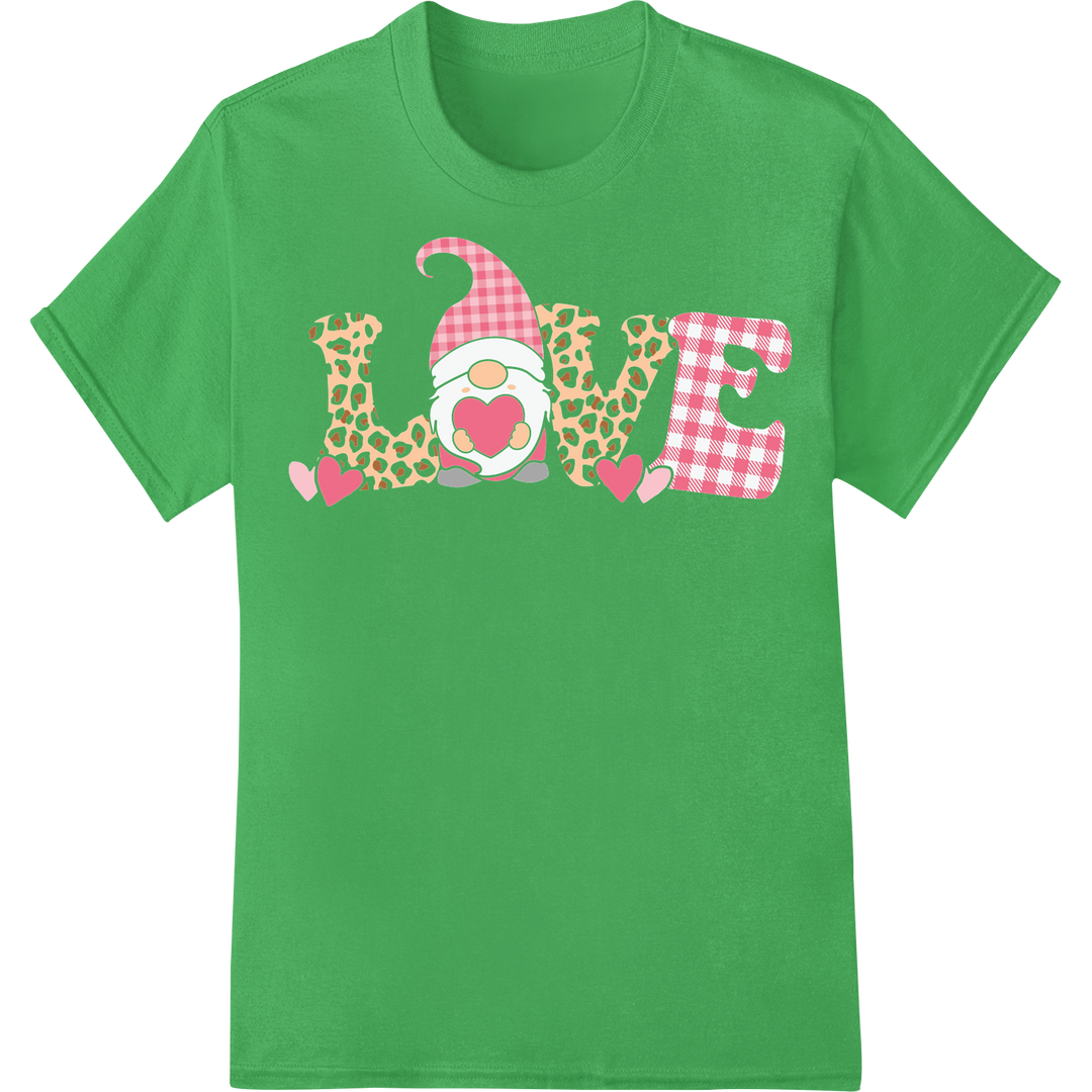 Adorable Love Gnomes: Cute Valentine's Day DTF Print on green shirt - SUPERDTF-DTF Prints-DTF Transfers-Custom DTF Prints