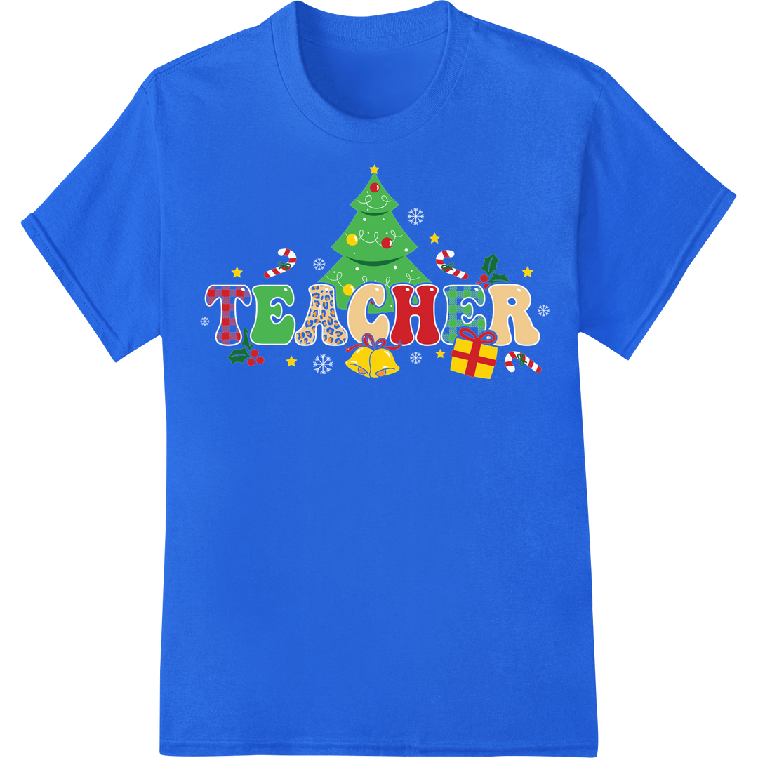 Festive 'Teacher' Christmas Tree DTF Heat Transfer Print on blue shirt - SUPERDTF-DTF Prints-DTF Transfers-Custom DTF Prints