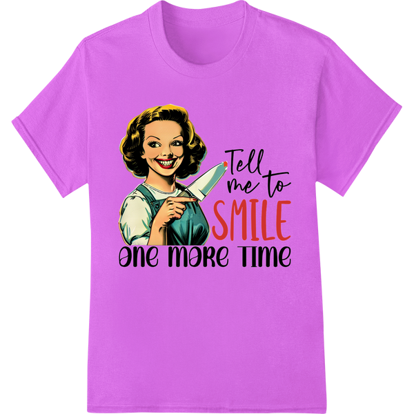 Retro 'Tell me to SMILE' DTF Print Heat Transfer on purple shirt - SUPERDTF-DTF Prints-DTF Transfers-Custom DTF Prints