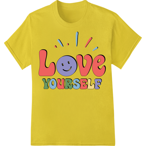 Vibrant 'Love Yourself' DTF Print | Inspirational Design on yellow shirt - SUPERDTF-DTF Prints-DTF Transfers-Custom DTF Prints