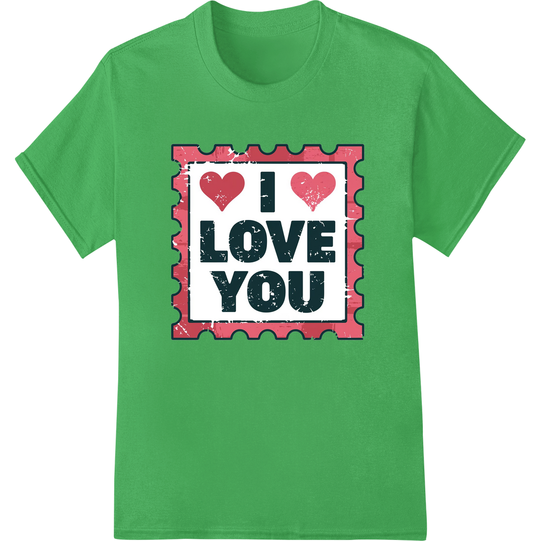 Vintage 'I Love You' Valentine's Day Stamp Heat Transfer on green shirt - SUPERDTF-DTF Prints-DTF Transfers-Custom DTF Prints