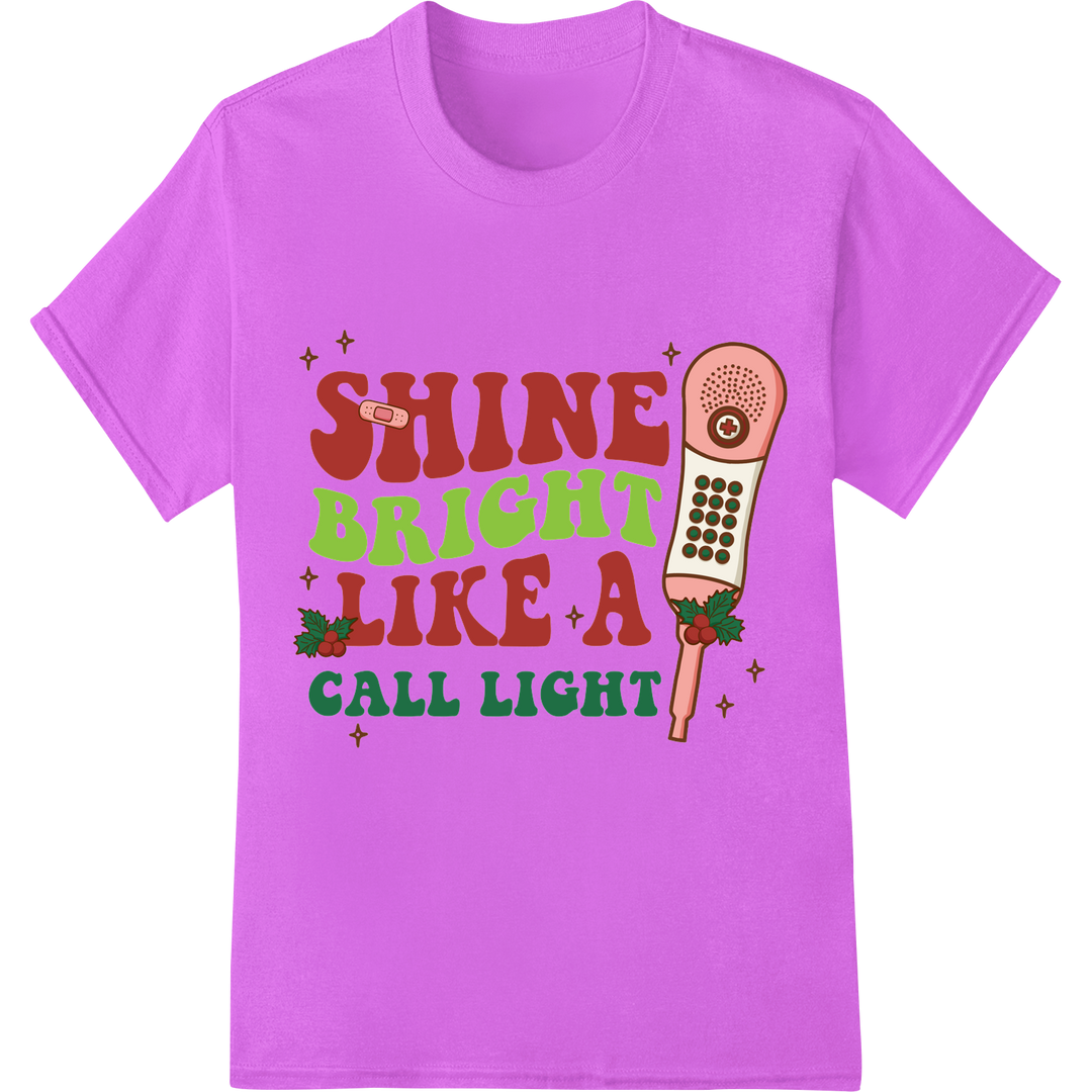 Witty Nurse Xmas DTF Print: 'Shine Bright Like Call Light' on purple shirt - SUPERDTF-DTF Prints-DTF Transfers-Custom DTF Prints