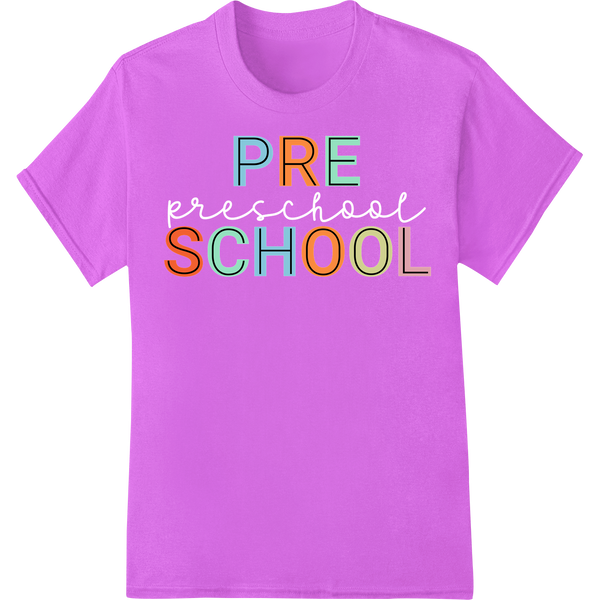 Vibrant 'PRE SCHOOL' DTF Print Heat Transfer | Back to School on purple shirt - SUPERDTF-DTF Prints-DTF Transfers-Custom DTF Prints