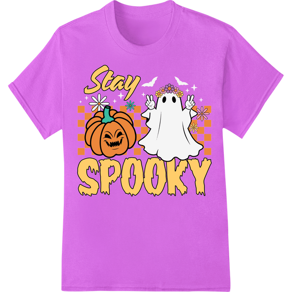 Stay Spooky This Halloween with Fun Ghost & Pumpkin Print on purple shirt - SUPERDTF-DTF Prints-DTF Transfers-Custom DTF Prints