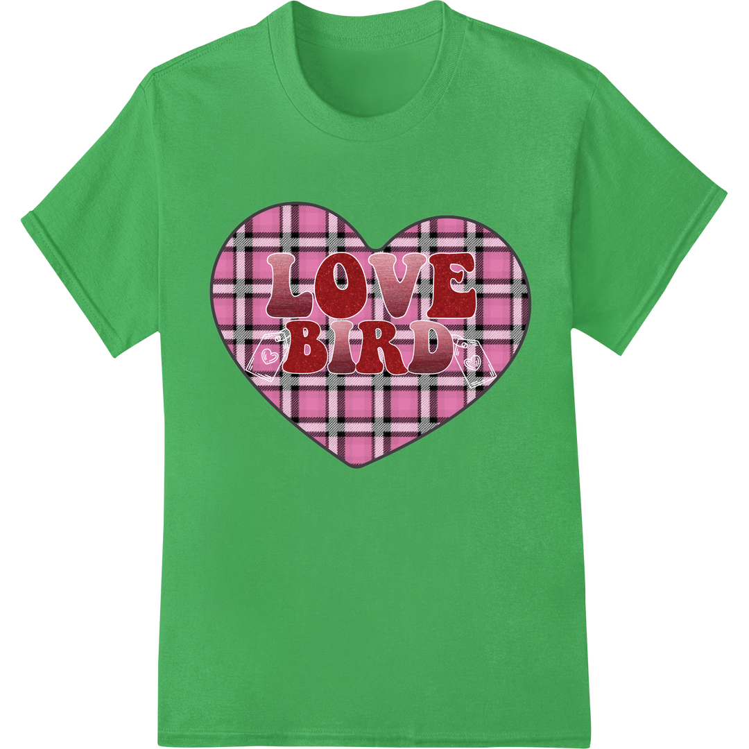 Love Bird: Charming Valentine's Day DTF Print Heat Transfer on green shirt - SUPERDTF-DTF Prints-DTF Transfers-Custom DTF Prints