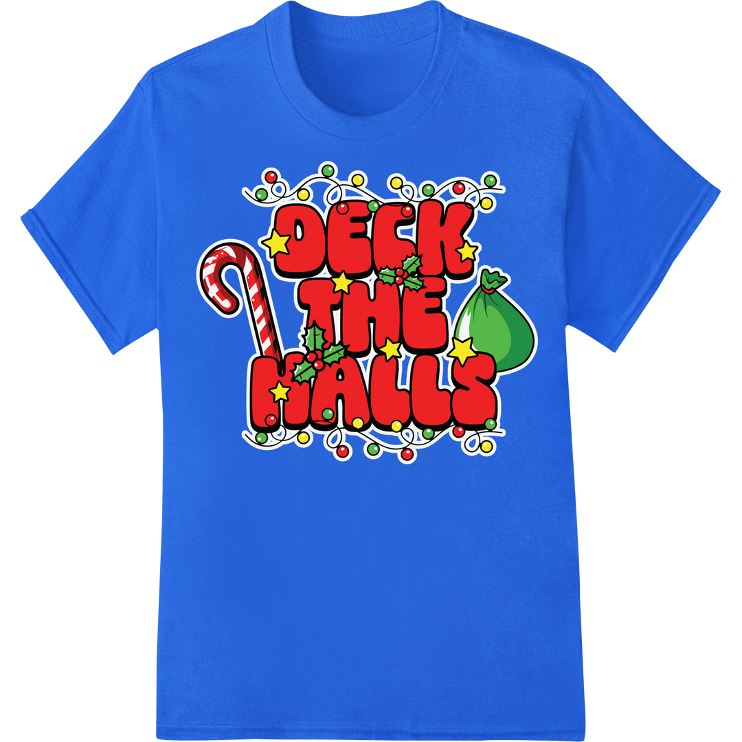 Groovy Christmas 'DECK THE HALLS' Heat Transfer Design on blue shirt - SUPERDTF-DTF Prints-DTF Transfers-Custom DTF Prints