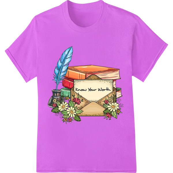 Retro Floral 'Know Your Worth' DTF Heat Transfer Print on purple shirt - SUPERDTF-DTF Prints-DTF Transfers-Custom DTF Prints