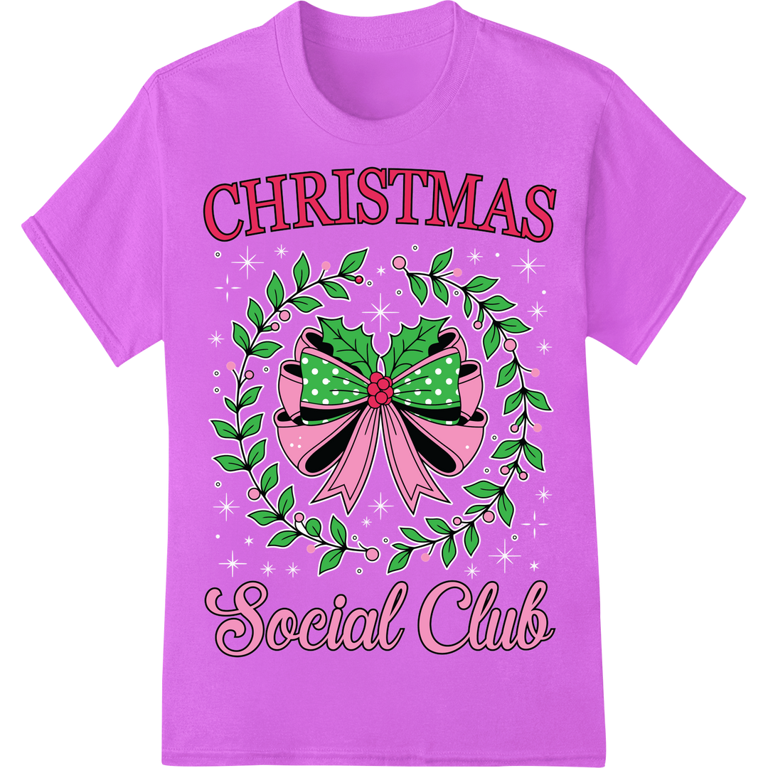 Festive Pink Bow Christmas DTF Print Heat Transfer on purple shirt - SUPERDTF-DTF Prints-DTF Transfers-Custom DTF Prints