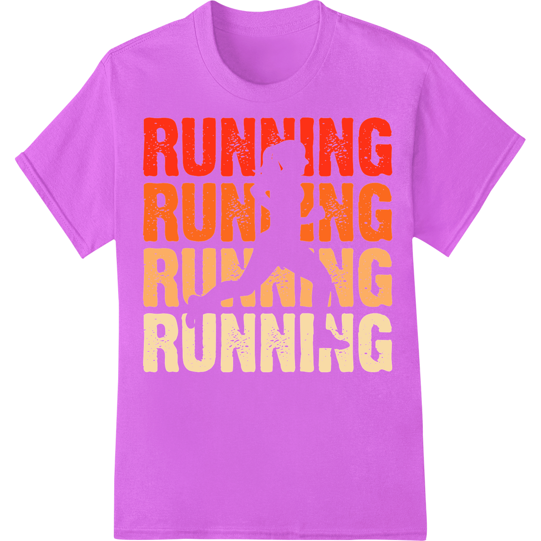 Bold 'RUNNING' Heat Transfer: Energize Your Athletic Gear on purple shirt - SUPERDTF-DTF Prints-DTF Transfers-Custom DTF Prints