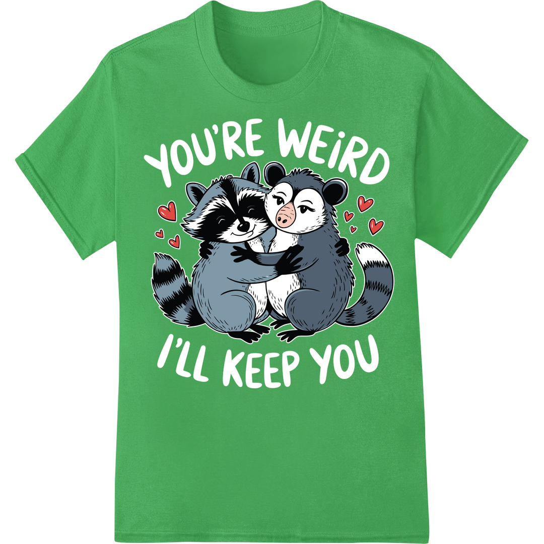 Adorable Raccoon Couple Valentine's Day DTF Print Transfer on green shirt - SUPERDTF-DTF Prints-DTF Transfers-Custom DTF Prints