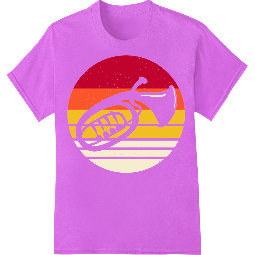 Retro French Horn Silhouette | Sunset Musician DTF Print on purple shirt - SUPERDTF-DTF Prints-DTF Transfers-Custom DTF Prints