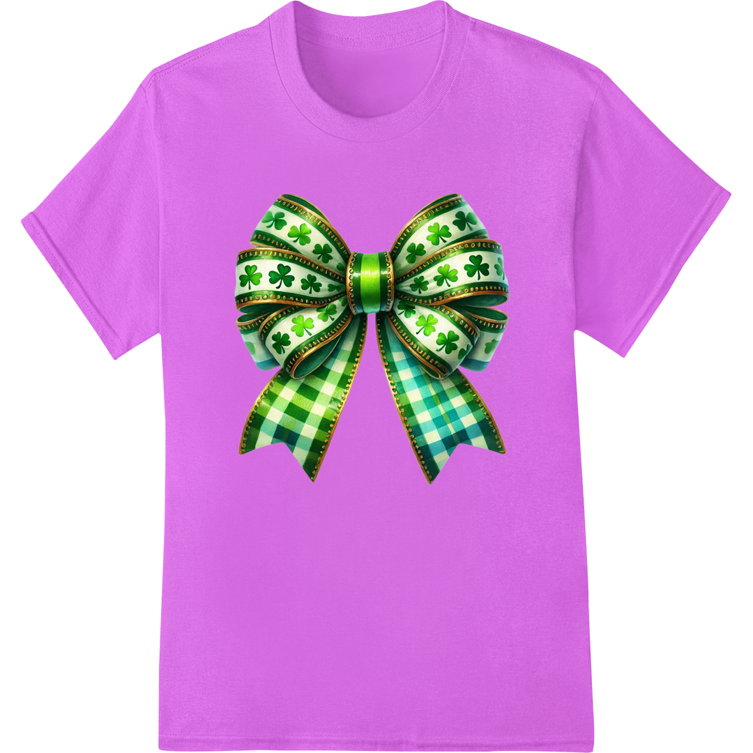 Festive Shamrock Plaid Bow - St. Patrick's Day DTF Print on purple shirt - SUPERDTF-DTF Prints-DTF Transfers-Custom DTF Prints