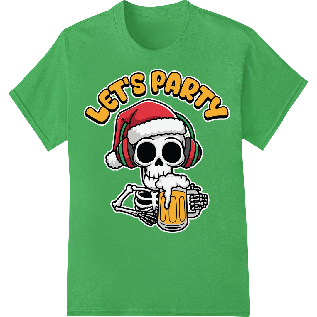 Festive Beer Skeleton Ready to Party - Christmas DTF Print on green shirt - SUPERDTF-DTF Prints-DTF Transfers-Custom DTF Prints