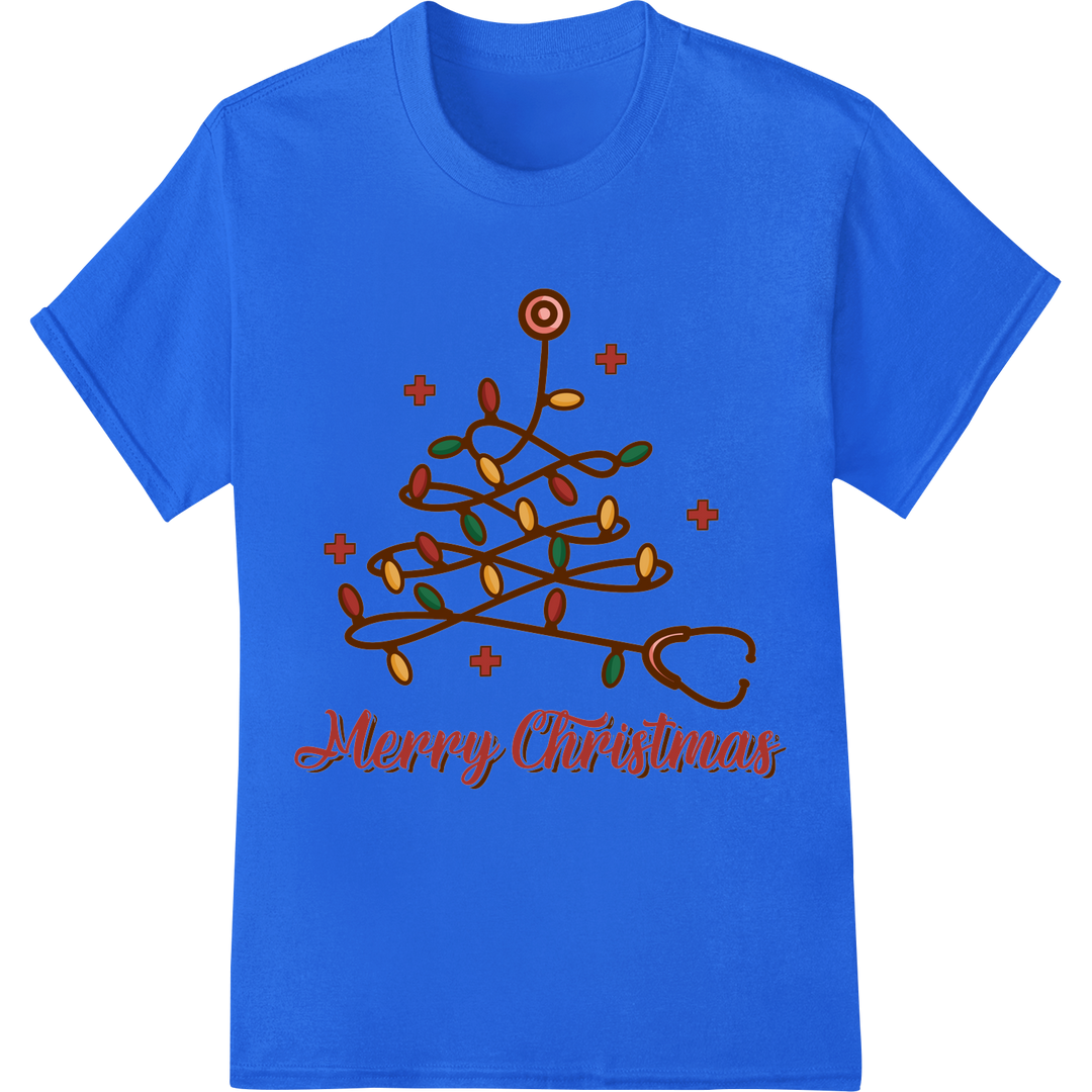 Festive Stethoscope Christmas Tree DTF Print for Nurses on blue shirt - SUPERDTF-DTF Prints-DTF Transfers-Custom DTF Prints