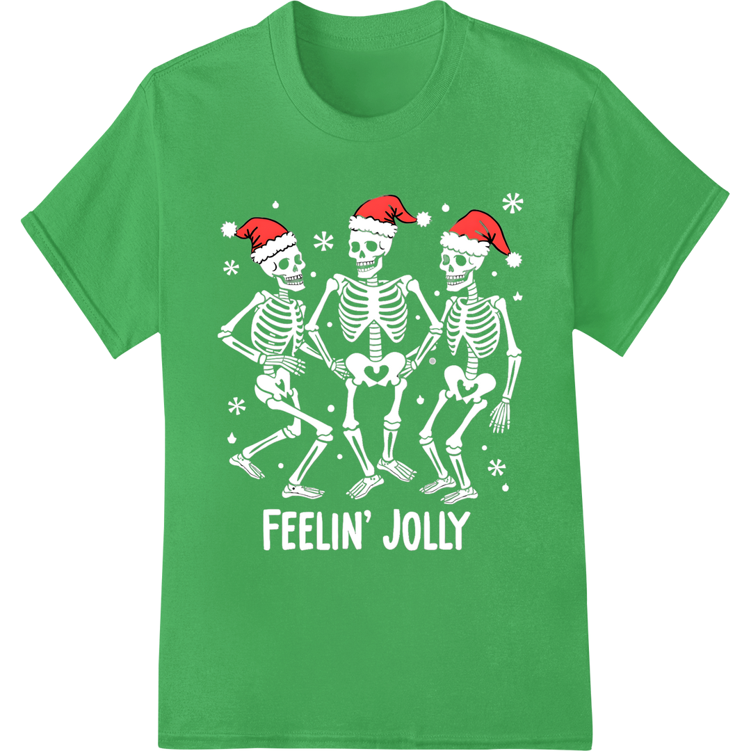 Jolly Dancing Skeletons Edgy Christmas DTF Print Transfer on green shirt - SUPERDTF-DTF Prints-DTF Transfers-Custom DTF Prints