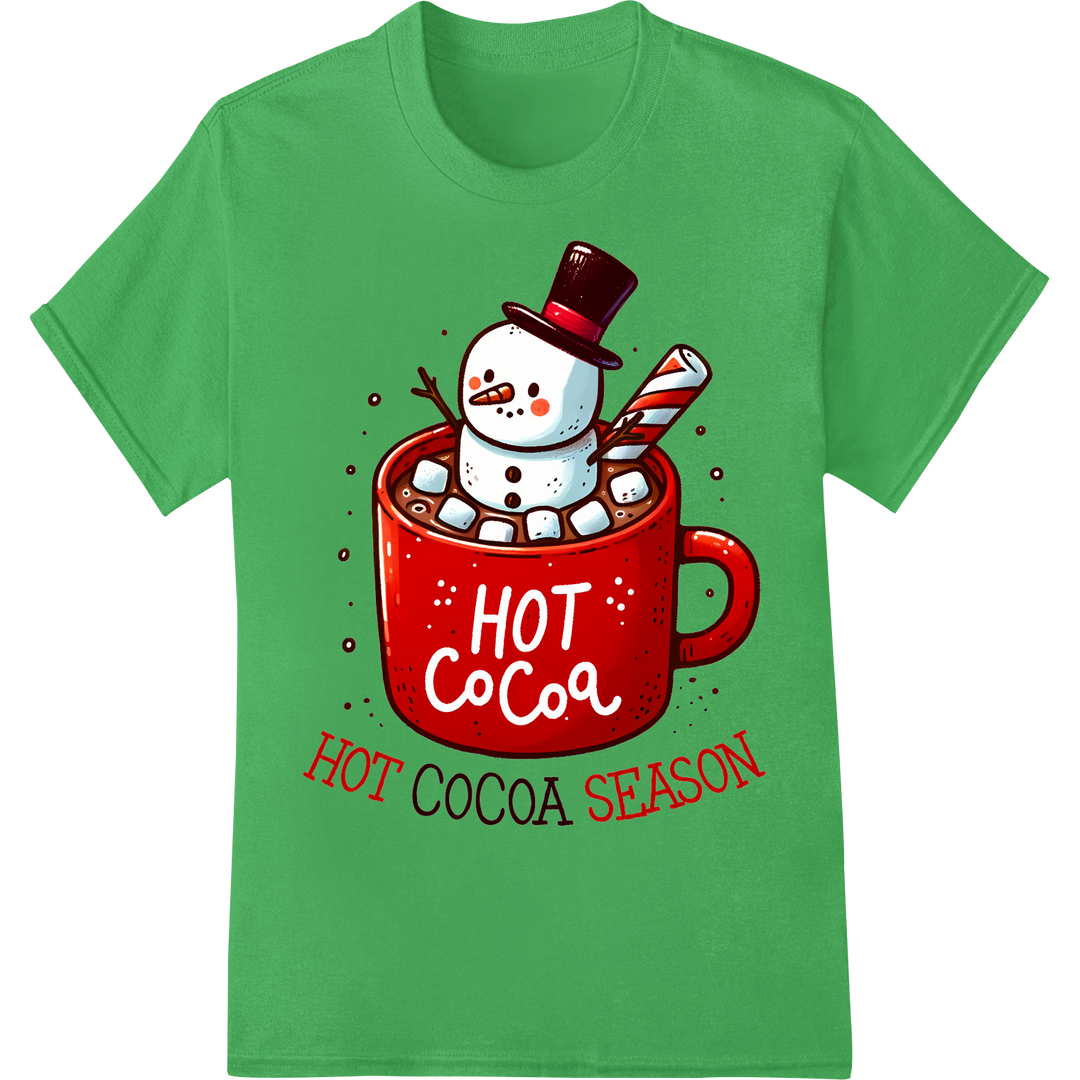 Festive Hot Cocoa Snowman Mug - Christmas DTF Heat Transfer on green shirt - SUPERDTF-DTF Prints-DTF Transfers-Custom DTF Prints