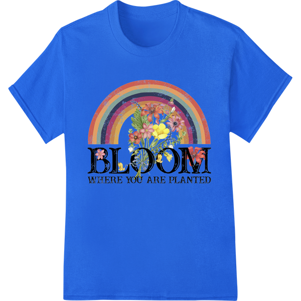 Bloom With Vibrant Inspiration: Rainbow Floral DTF Print on blue shirt - SUPERDTF-DTF Prints-DTF Transfers-Custom DTF Prints