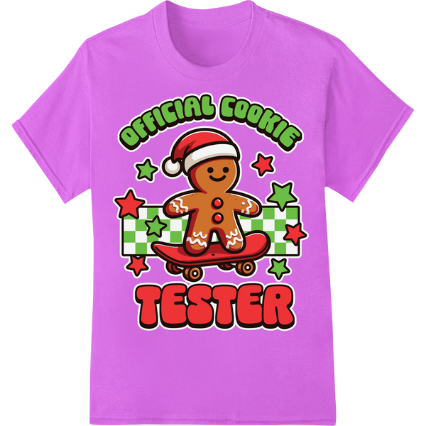 Skateboarding Gingerbread 'Official Cookie Tester' Xmas DTF Print on purple shirt - SUPERDTF-DTF Prints-DTF Transfers-Custom DTF Prints