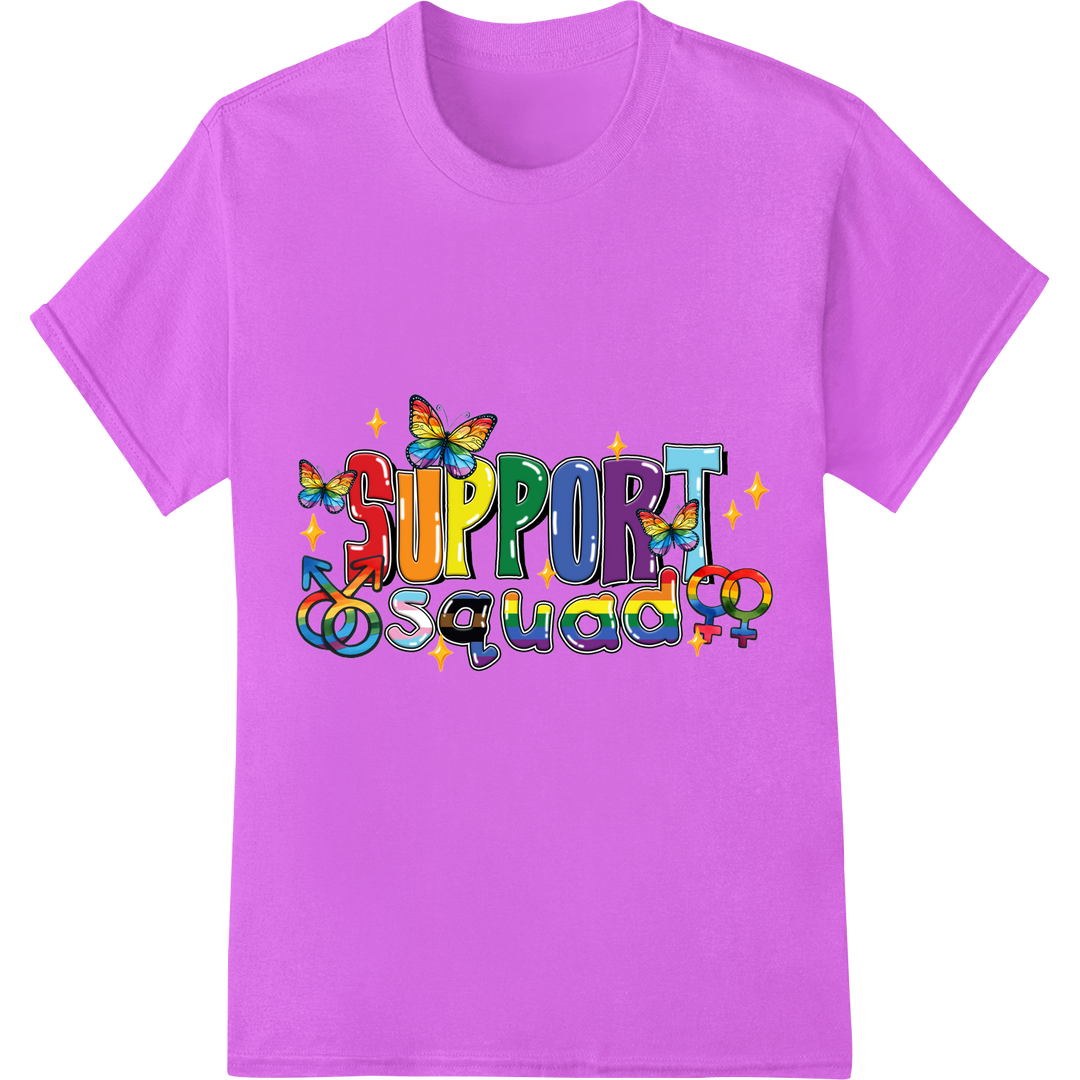 Vibrant 'SUPPORT Squad' LGBT Pride DTF Print Heat Transfer on purple shirt - SUPERDTF-DTF Prints-DTF Transfers-Custom DTF Prints