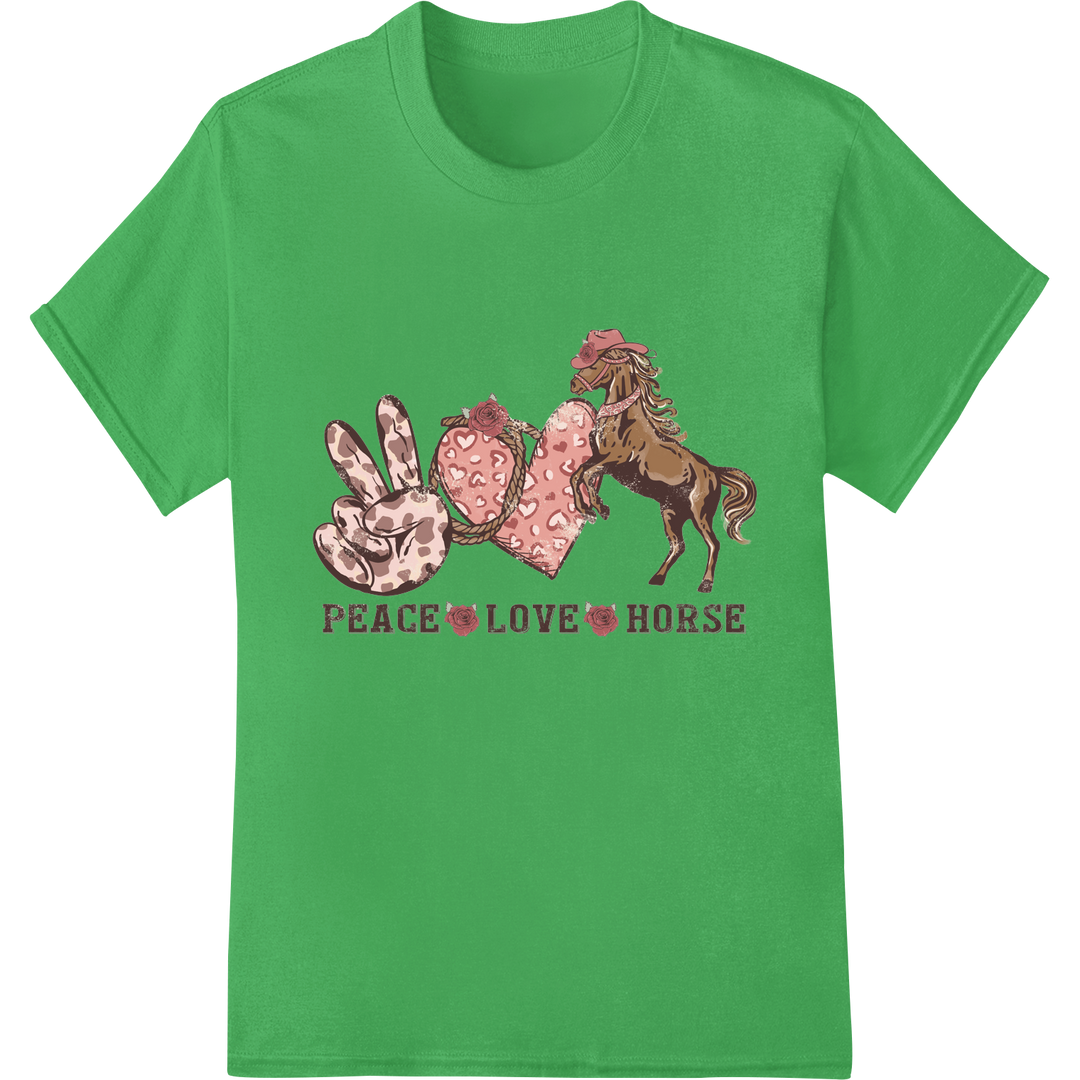 Adorable 'Peace Love Horse' Western Valentine DTF Transfer on green shirt - SUPERDTF-DTF Prints-DTF Transfers-Custom DTF Prints