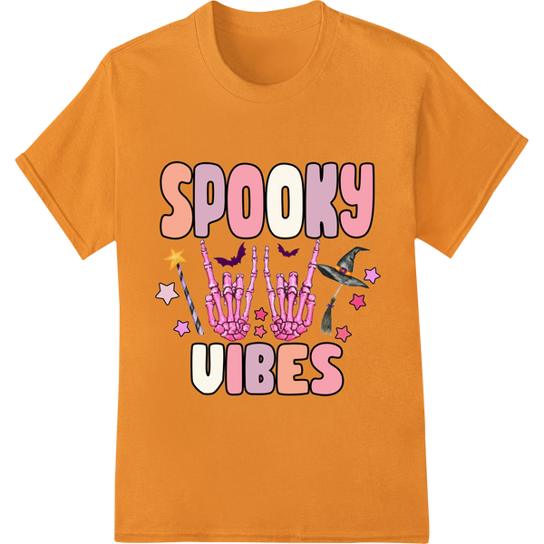 Spooky Vibes: Punk Rock Skeleton Hand Halloween Heat Transfer enhanced with professional high-quality t-shirt printing