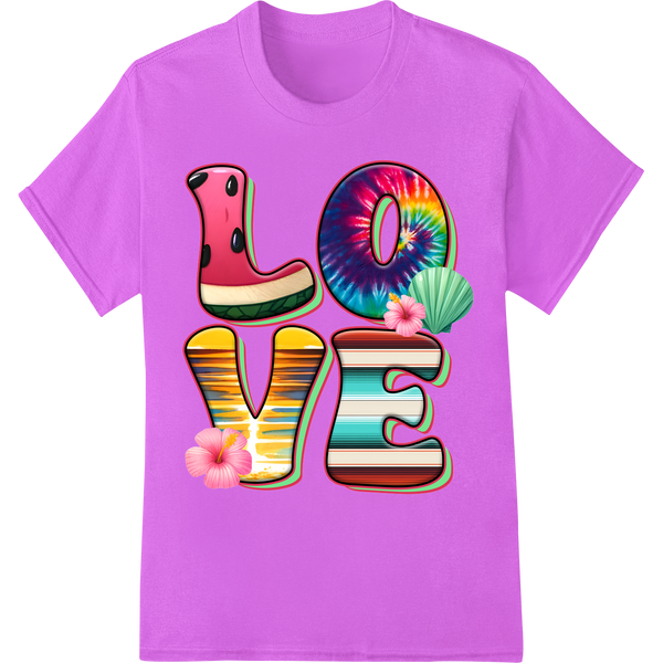 Tropical LOVE: Vibrant Summer DTF Print Heat Transfer on purple shirt - SUPERDTF-DTF Prints-DTF Transfers-Custom DTF Prints