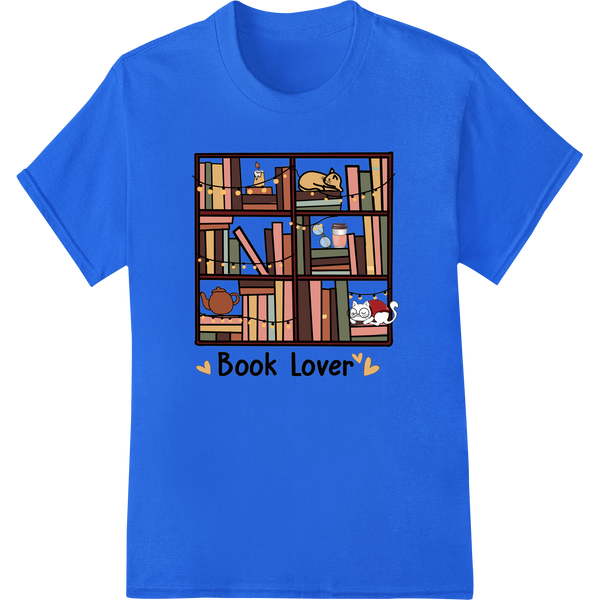 Cozy Book Lover's Haven: Stylish DTF Print Heat Transfer on blue shirt - SUPERDTF-DTF Prints-DTF Transfers-Custom DTF Prints