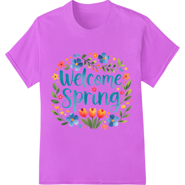 Vibrant 'Welcome Spring' Floral Wreath DTF Print Heat Transfer on purple shirt - SUPERDTF-DTF Prints-DTF Transfers-Custom DTF Prints