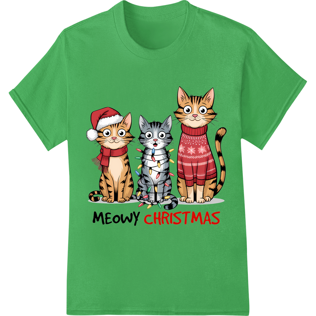 Adorable 'Meowy Christmas' Cats DTF Print Heat Transfer on green shirt - SUPERDTF-DTF Prints-DTF Transfers-Custom DTF Prints