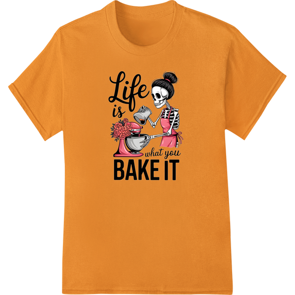 Skeleton Baker DTF Print: Spooky Kitchen Decor Transfer on orange shirt - SUPERDTF-DTF Prints-DTF Transfers-Custom DTF Prints