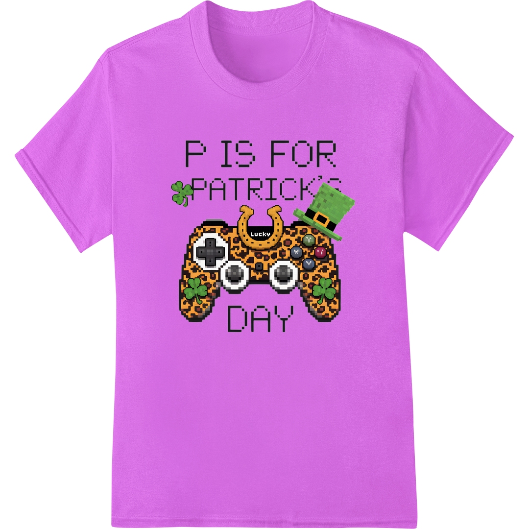 Pixel Shamrock Game Pad St. Patrick's DTF Heat Transfer on purple shirt - SUPERDTF-DTF Prints-DTF Transfers-Custom DTF Prints