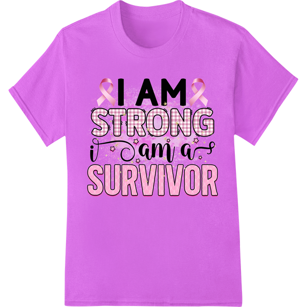 Durable innovative apparel printing applied to I AM STRONG Breast Cancer Survivor DTF Print Heat Transfer