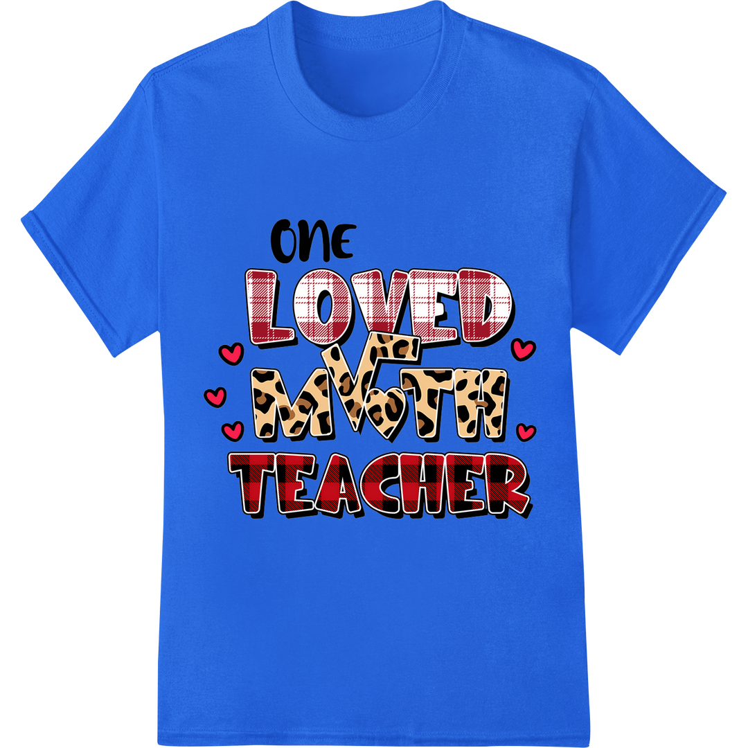 Adored Math Teacher Leopard Print Valentine DTF Transfer on blue shirt - SUPERDTF-DTF Prints-DTF Transfers-Custom DTF Prints