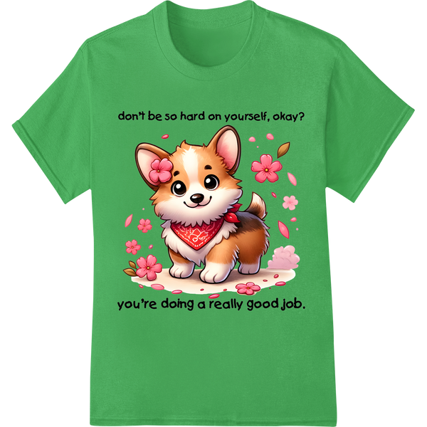 Uplifting Corgi | Encouraging Quote | Animal DTF Print on green shirt - SUPERDTF-DTF Prints-DTF Transfers-Custom DTF Prints