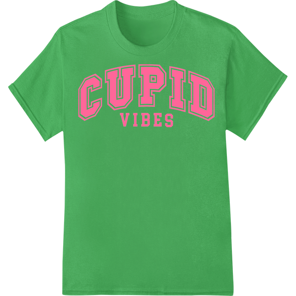 Spread Love with Pink 'Cupid Vibes' Valentine's Day DTF Print on green shirt - SUPERDTF-DTF Prints-DTF Transfers-Custom DTF Prints