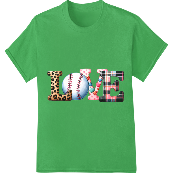 Trendy Baseball 'LOVE' DTF Print Heat Transfer on green shirt - SUPERDTF-DTF Prints-DTF Transfers-Custom DTF Prints