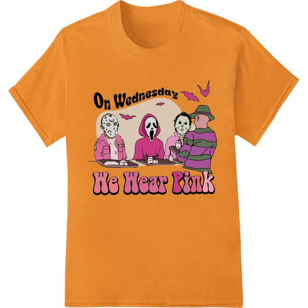 Iconic Horror Villains 'On Wednesday We Wear Pink' DTF Print on orange shirt - SUPERDTF-DTF Prints-DTF Transfers-Custom DTF Prints