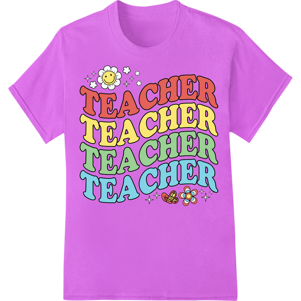 Retro 'TEACHER' Repeat DTF Print Heat Transfer - Bold & Fun on purple shirt - SUPERDTF-DTF Prints-DTF Transfers-Custom DTF Prints