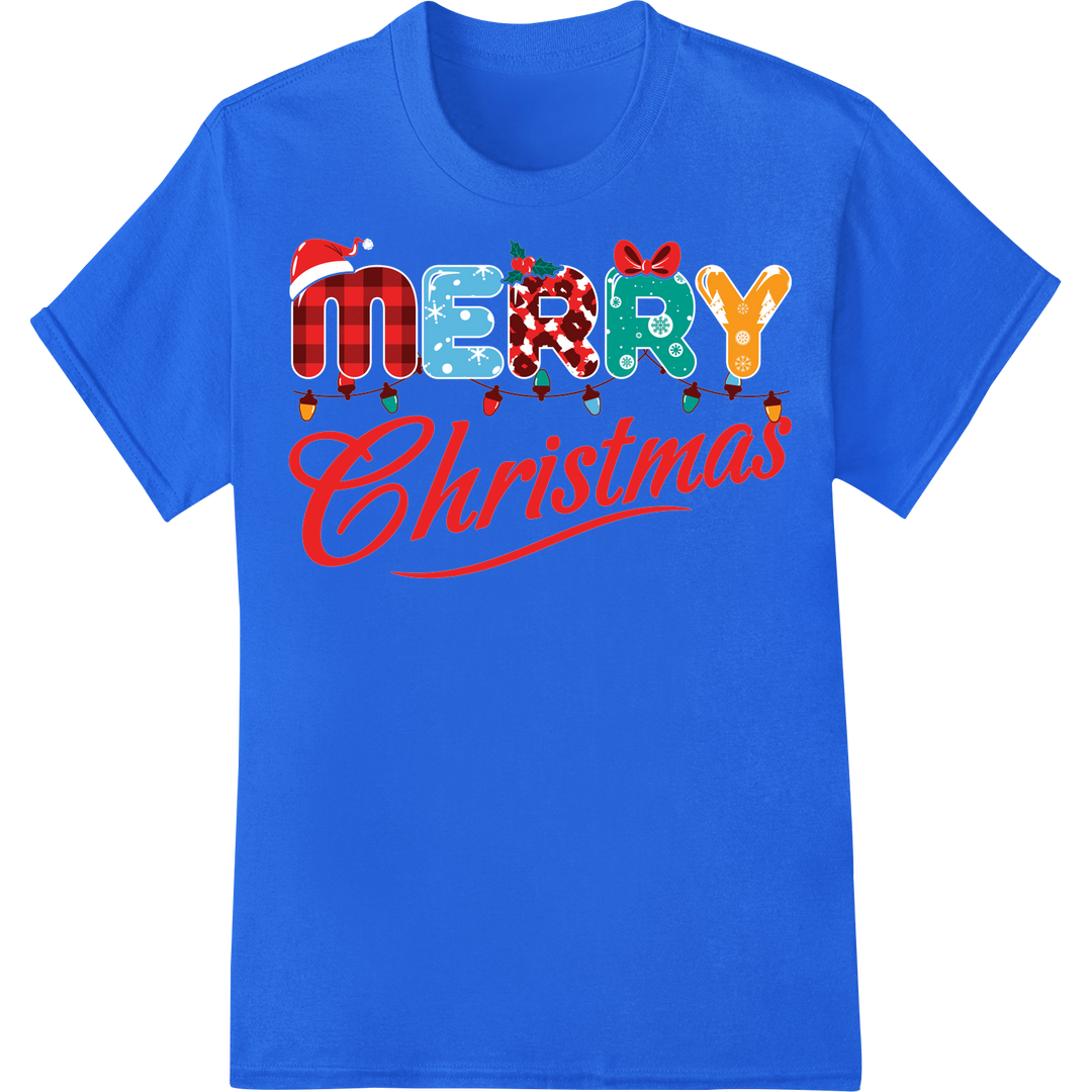 Colorful Cartoon Merry Christmas Funny Holiday DTF Print on blue shirt - SUPERDTF-DTF Prints-DTF Transfers-Custom DTF Prints