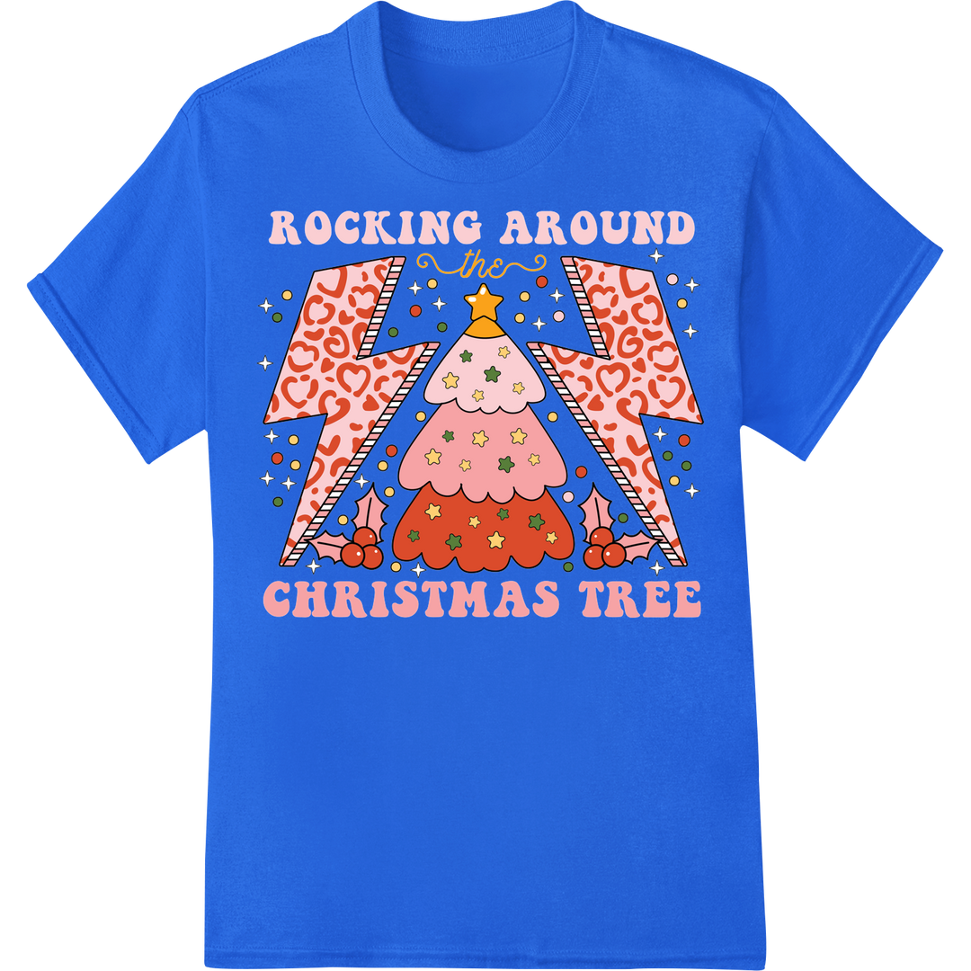 Rocking Around the Xmas Tree: Festive DTF Print Transfer on blue shirt - SUPERDTF-DTF Prints-DTF Transfers-Custom DTF Prints