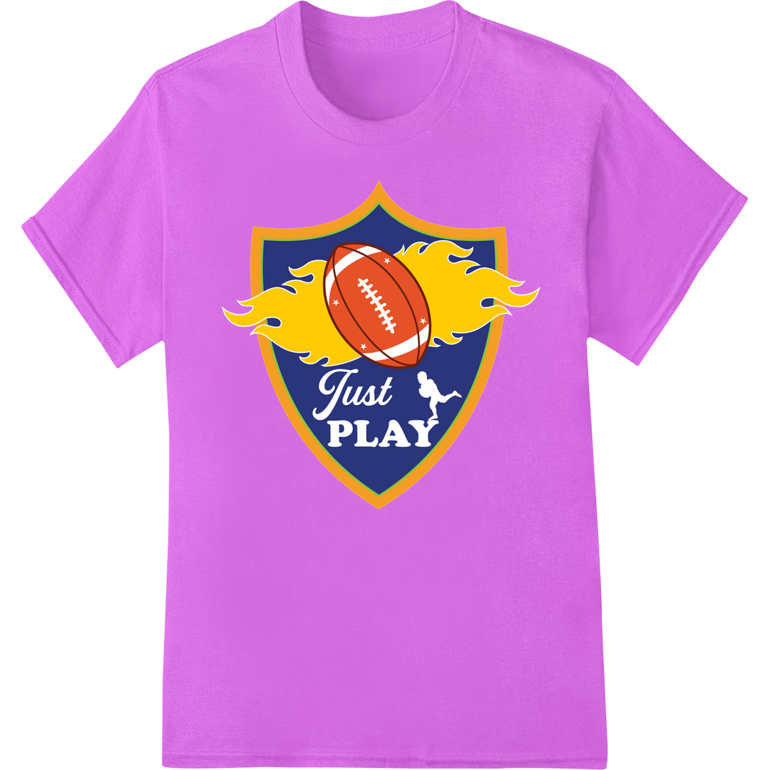 Ignite Your Game: 'Just PLAY' Football Shield DTF Print on purple shirt - SUPERDTF-DTF Prints-DTF Transfers-Custom DTF Prints