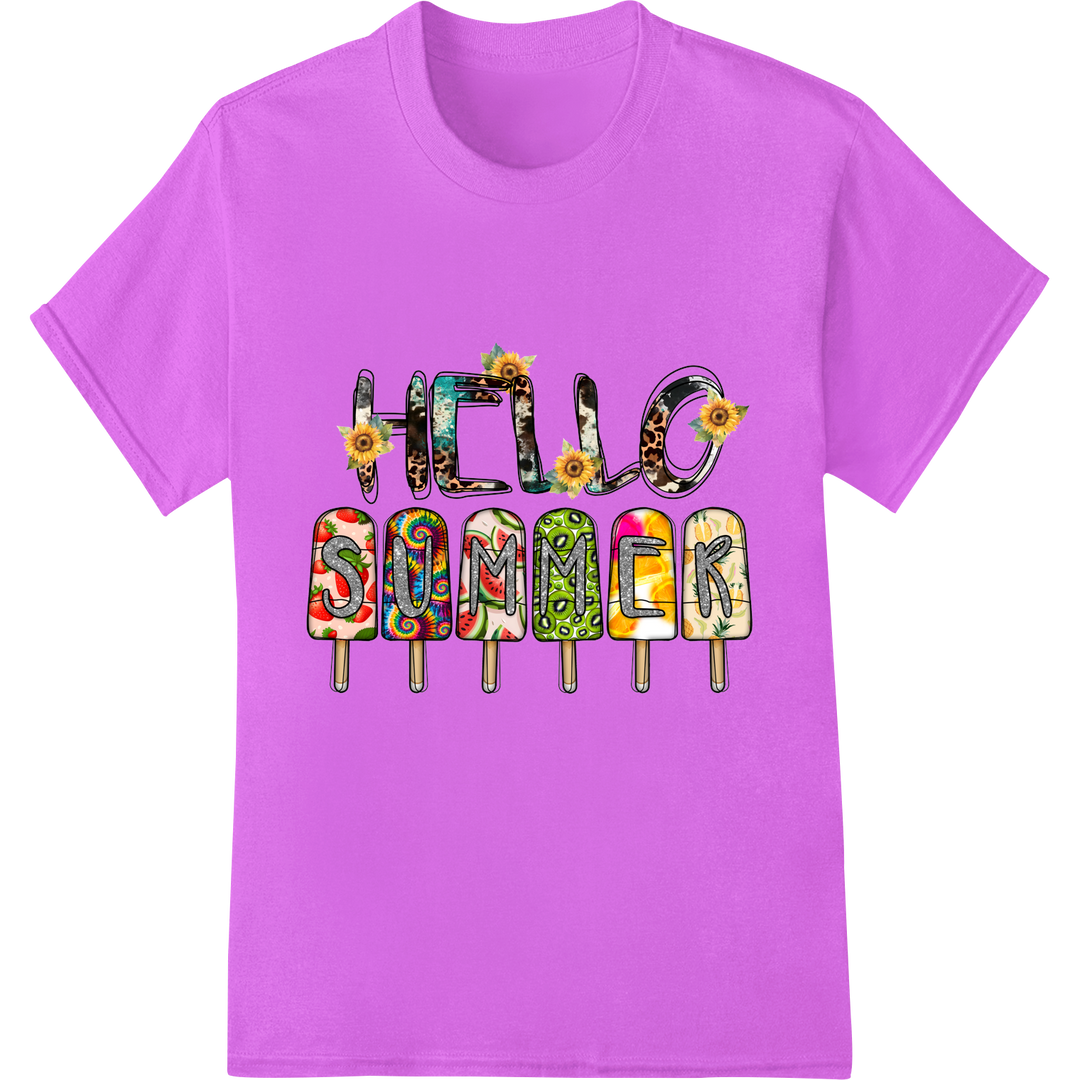 Vibrant 'Hello Summer' DTF Print Heat Transfer on purple shirt - SUPERDTF-DTF Prints-DTF Transfers-Custom DTF Prints