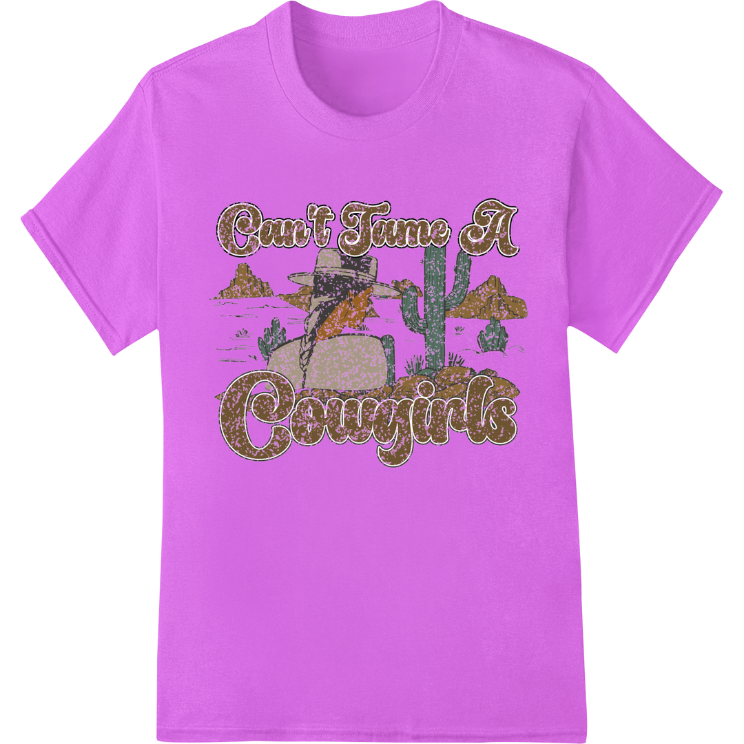 Can't Tame A Cowgirl: Bold Retro Western DTF Print Transfer on purple shirt - SUPERDTF-DTF Prints-DTF Transfers-Custom DTF Prints