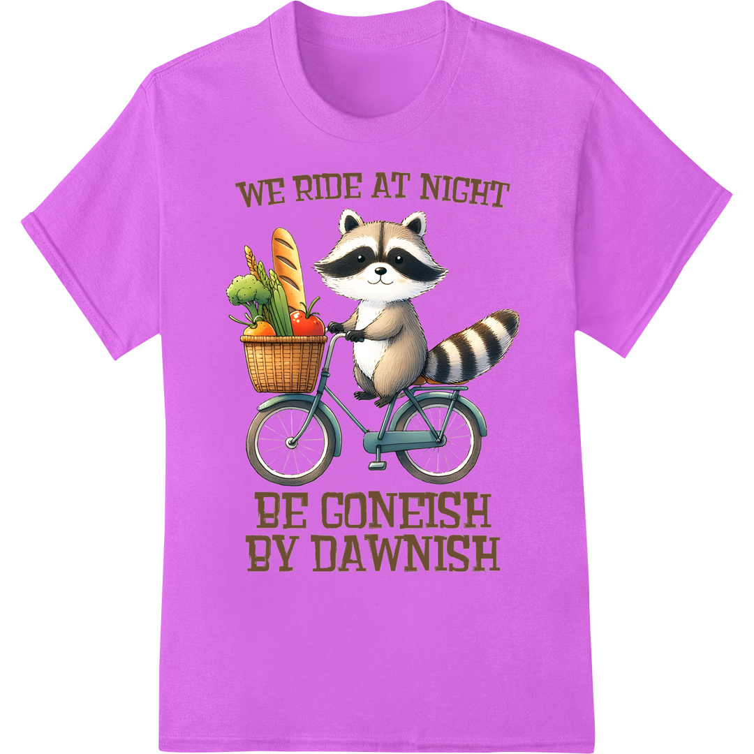 Hilarious Raccoon Bicycle DTF Print: "We Ride at Night" on purple shirt - SUPERDTF-DTF Prints-DTF Transfers-Custom DTF Prints