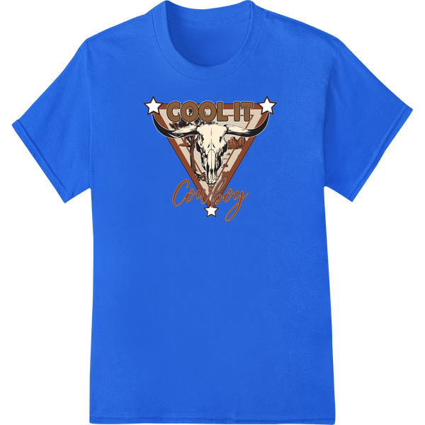 Rugged cowboy skull design with cool colors and textures, perfect for DTF heat transfer printing on apparel