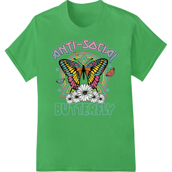 Vibrant DTF print heat transfer design featuring an anti-social butterfly against a colorful geometric background