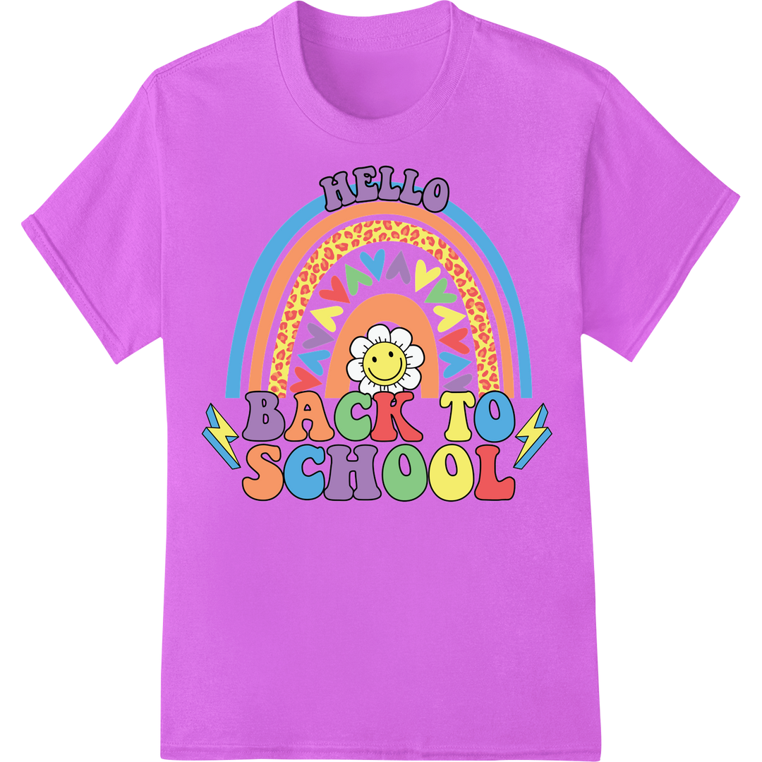 Cheerful 'HELLO BACK TO SCHOOL!' Rainbow Smiley DTF Print on purple shirt - SUPERDTF-DTF Prints-DTF Transfers-Custom DTF Prints