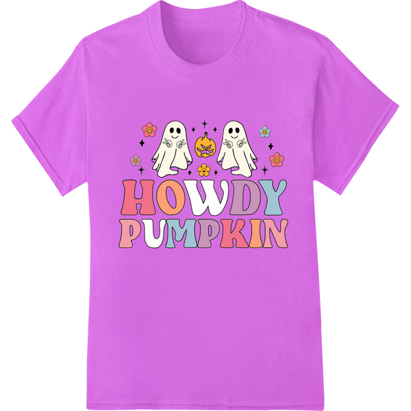 Cute Ghost Family Halloween Design - Howdy Pumpkin on purple shirt - SUPERDTF-DTF Prints-DTF Transfers-Custom DTF Prints