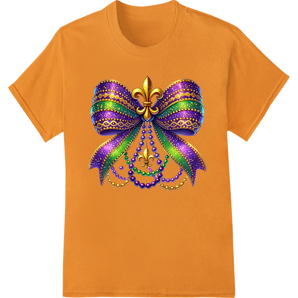 Regal Mardi Gras Bow - Festive Fleur-de-lis DTF Print Transfer on orange shirt - SUPERDTF-DTF Prints-DTF Transfers-Custom DTF Prints