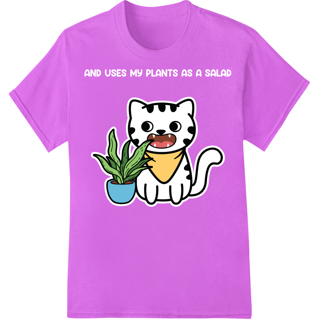 Adorable Cat Cartoon w/ Plant DTF Print Heat Transfer on purple shirt - SUPERDTF-DTF Prints-DTF Transfers-Custom DTF Prints